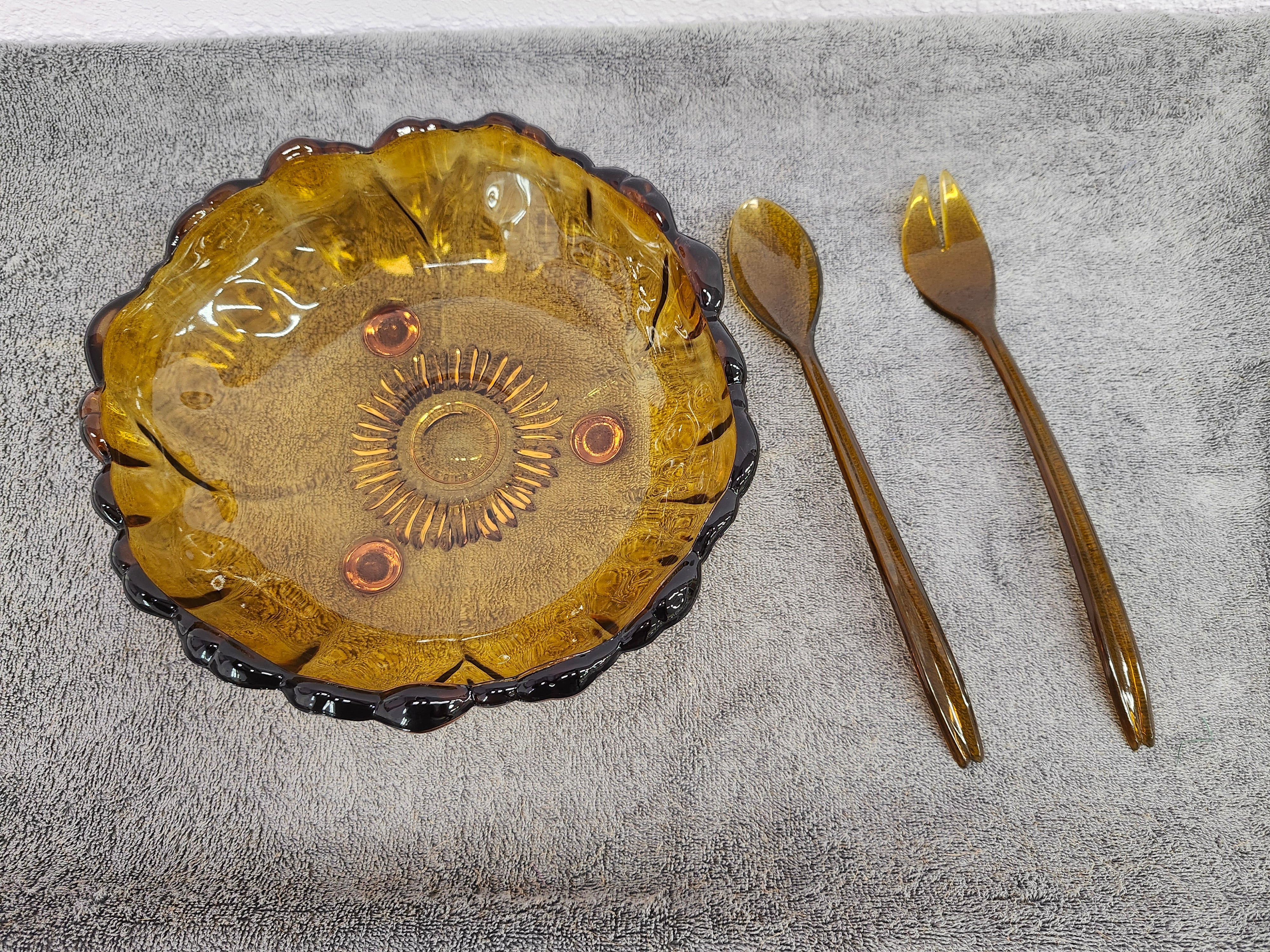 MCM Amber fruit or salad bowl with spoons