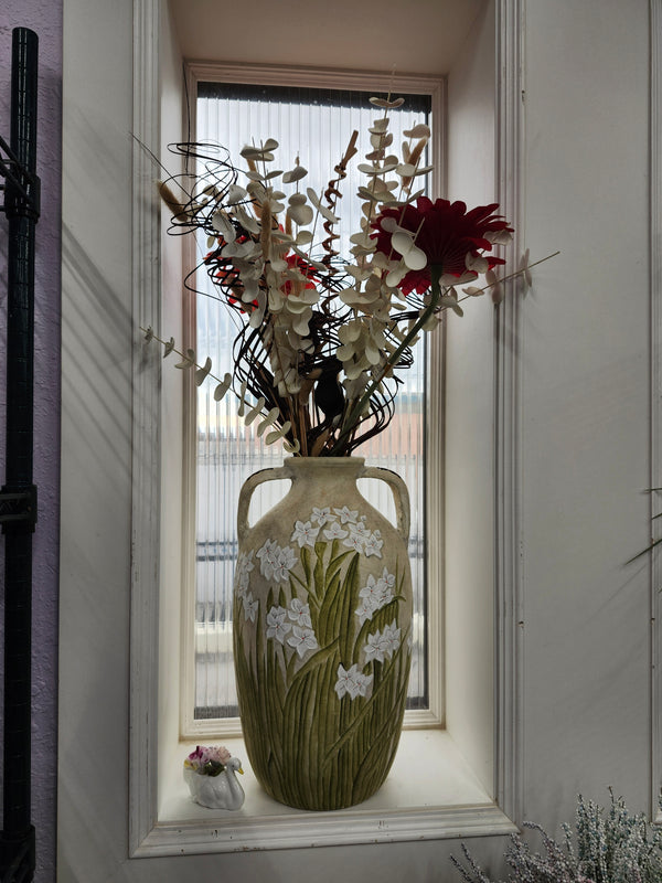 Large pottery vase & fake flowers