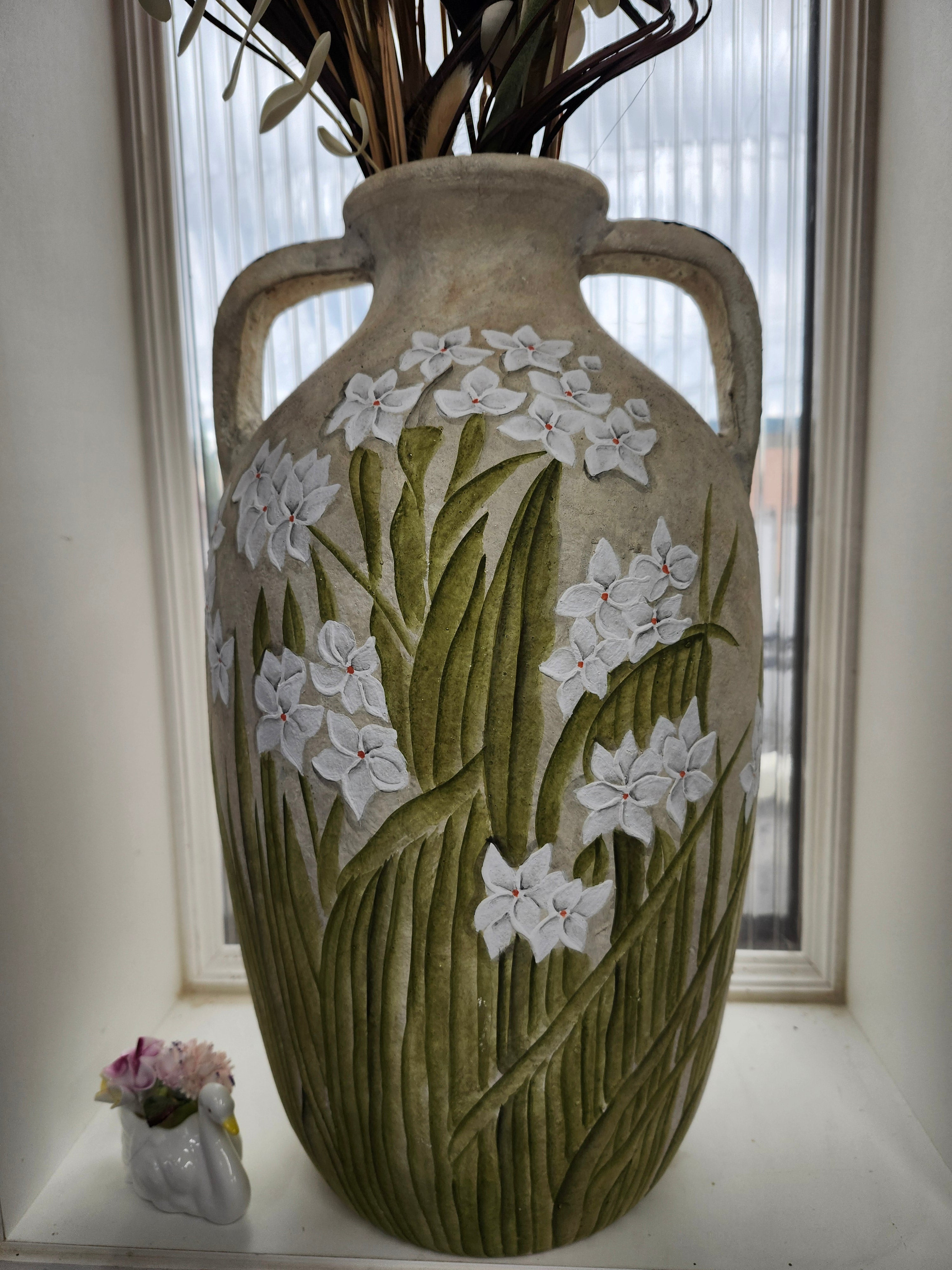 Large pottery vase & fake flowers