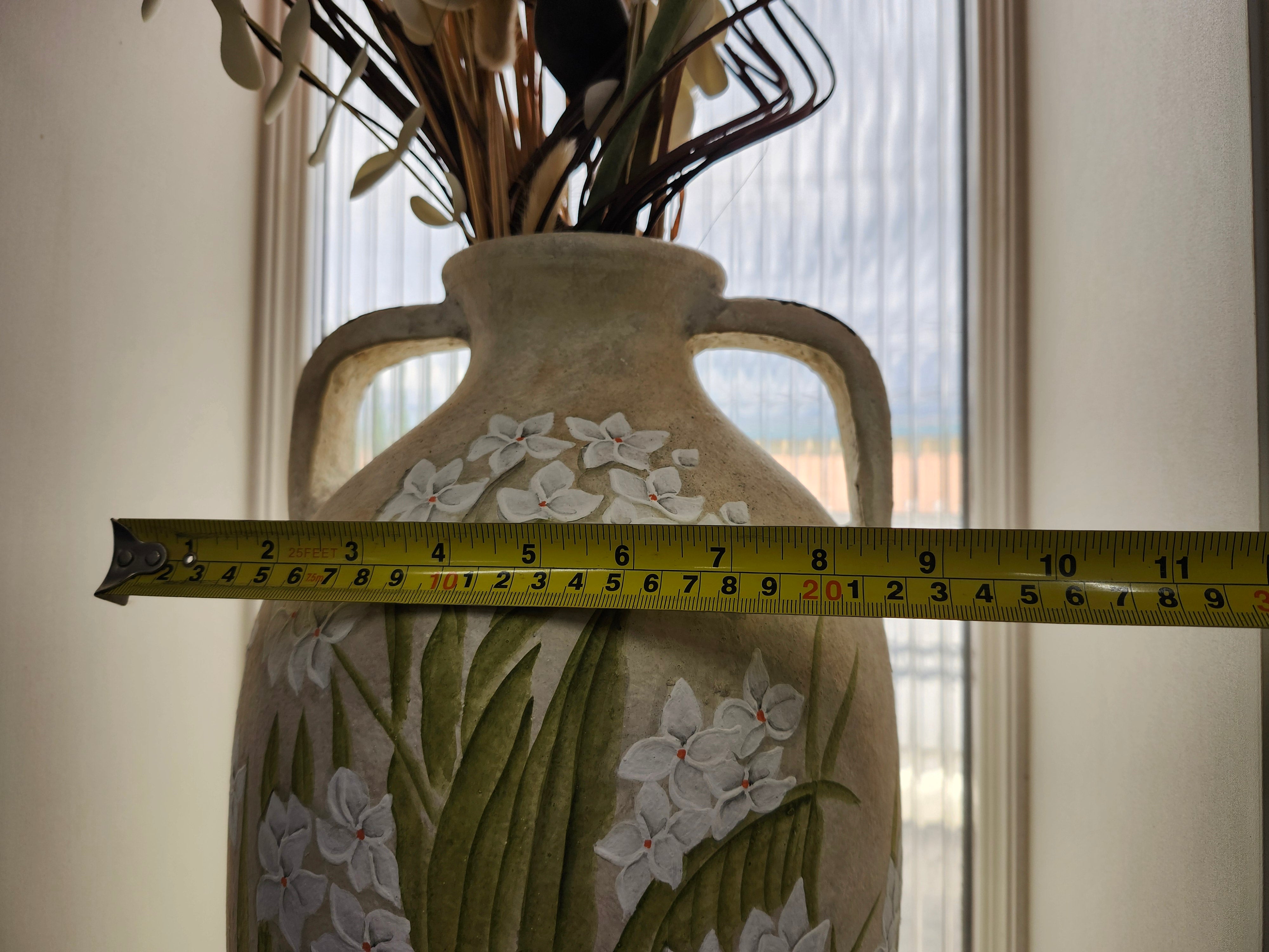 Large pottery vase & fake flowers