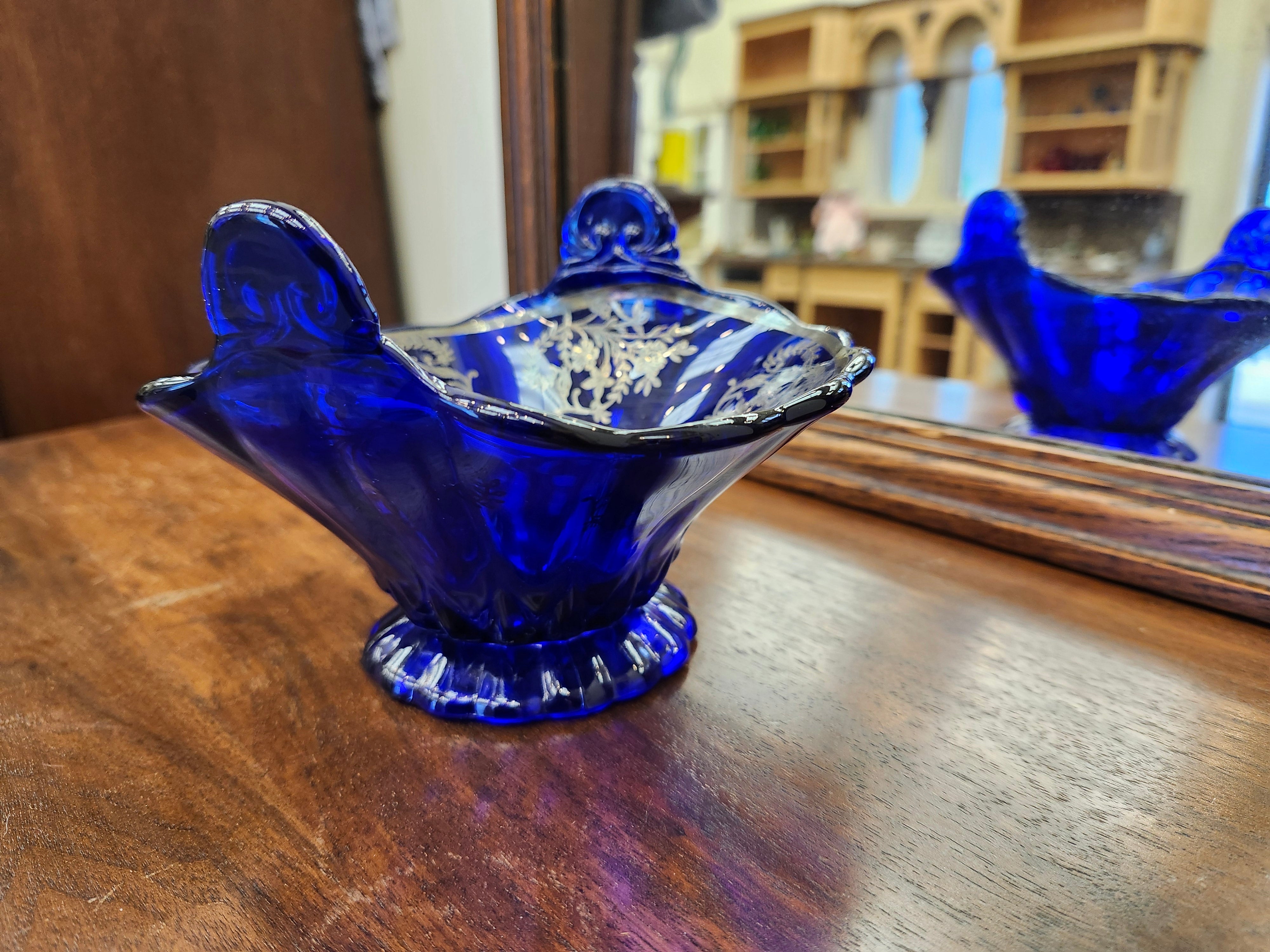1930 silver underlay blue candy dish