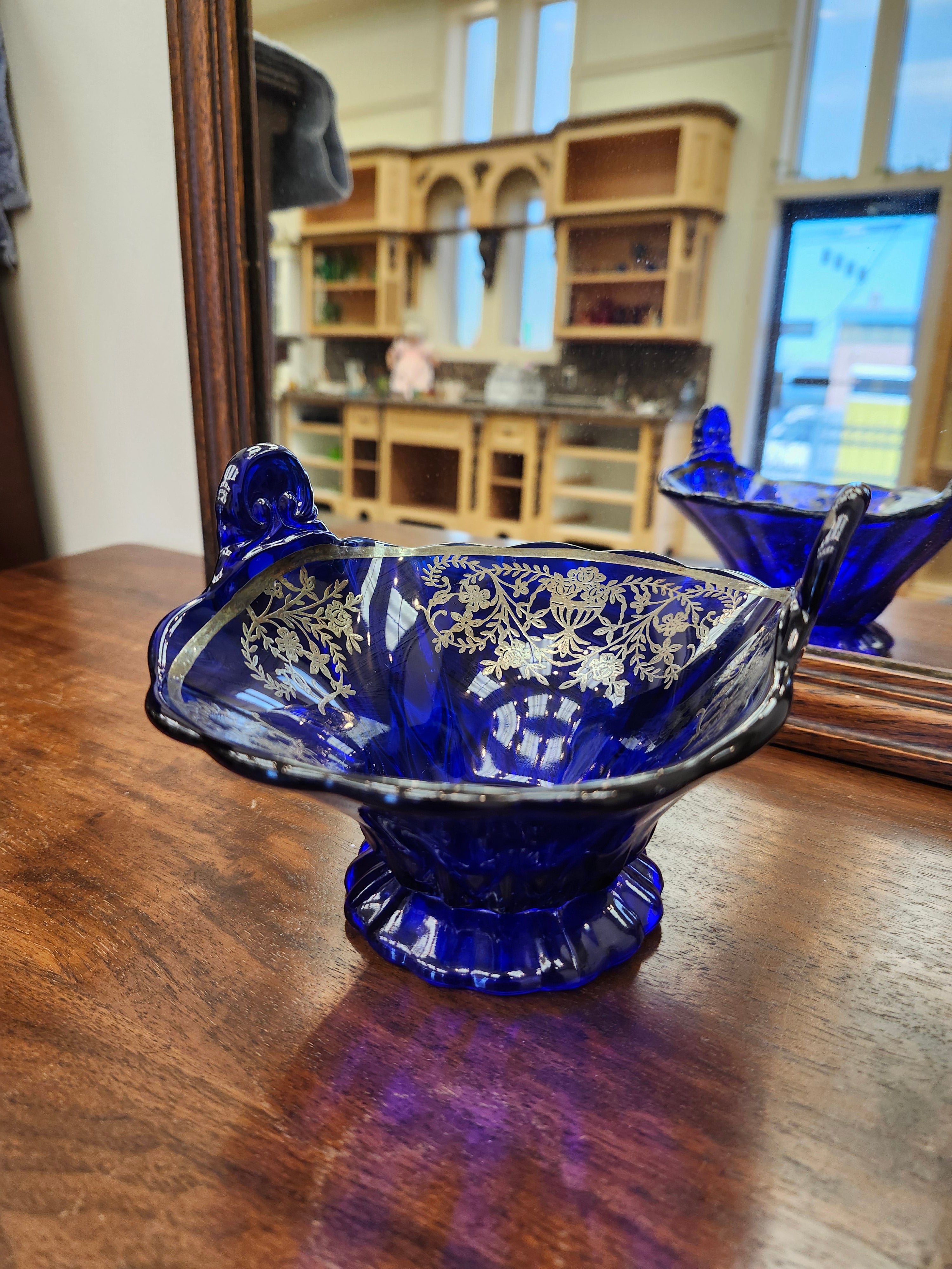 1930 silver underlay blue candy dish
