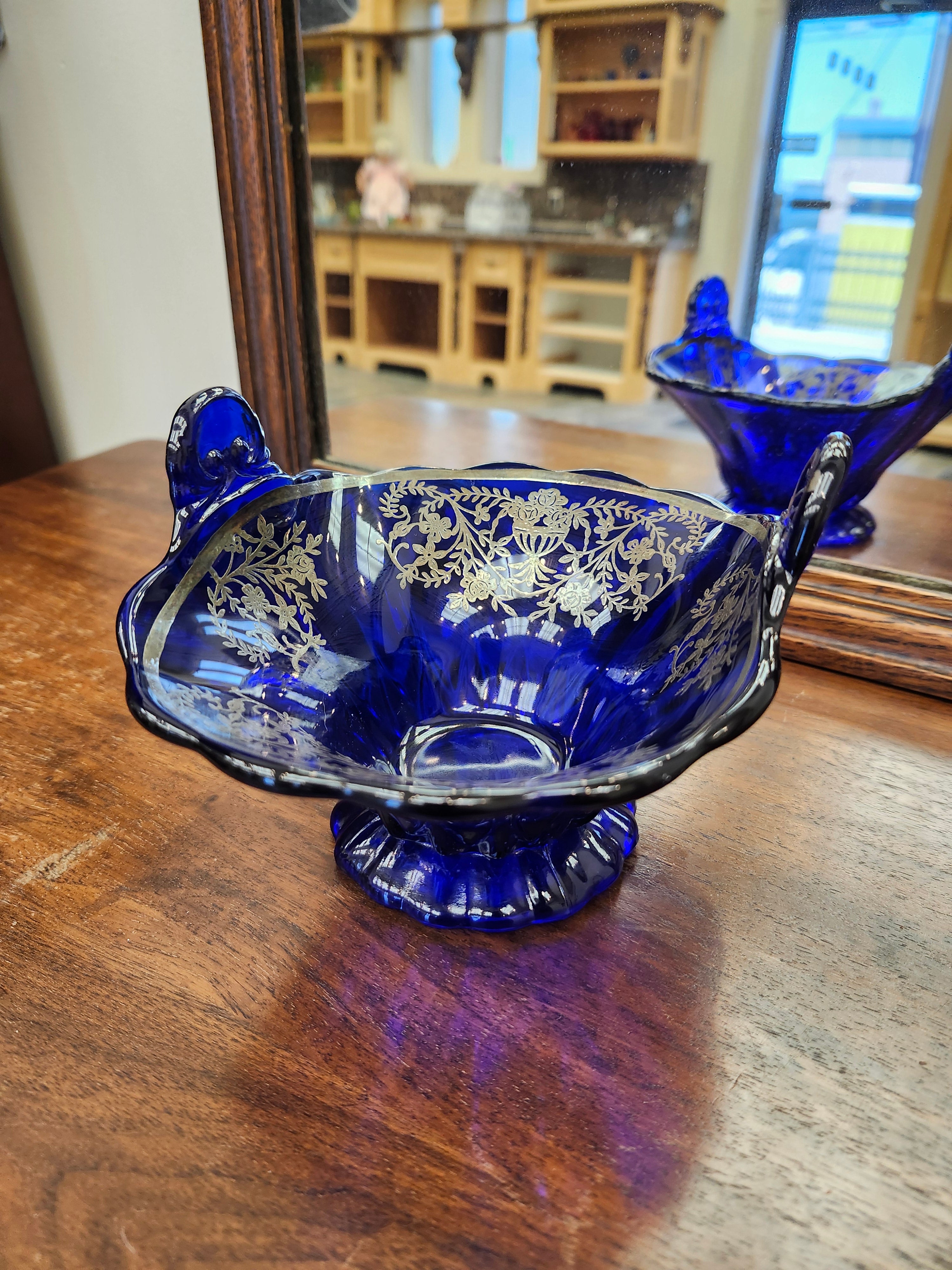 1930 silver underlay blue candy dish