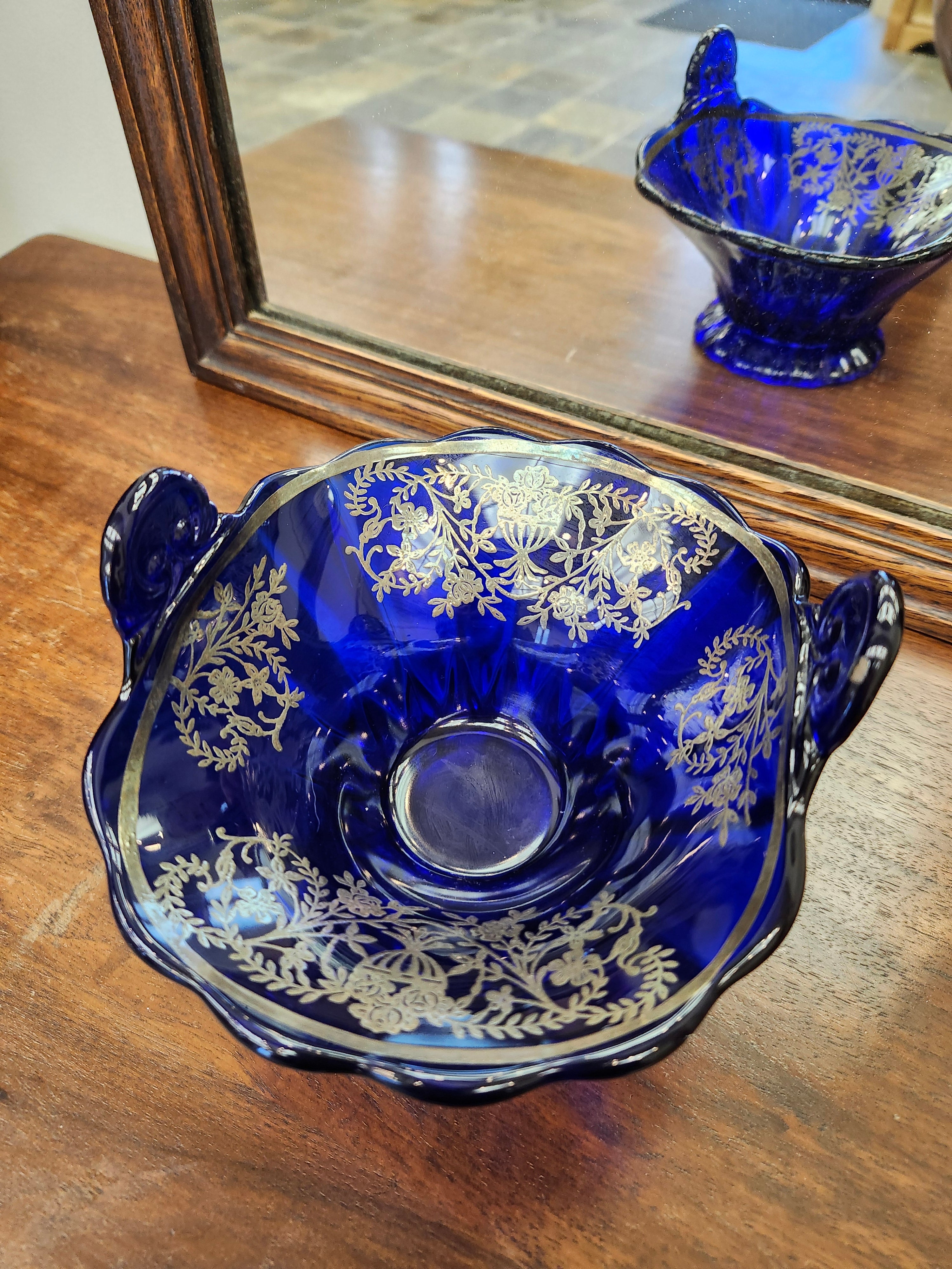 1930 silver underlay blue candy dish