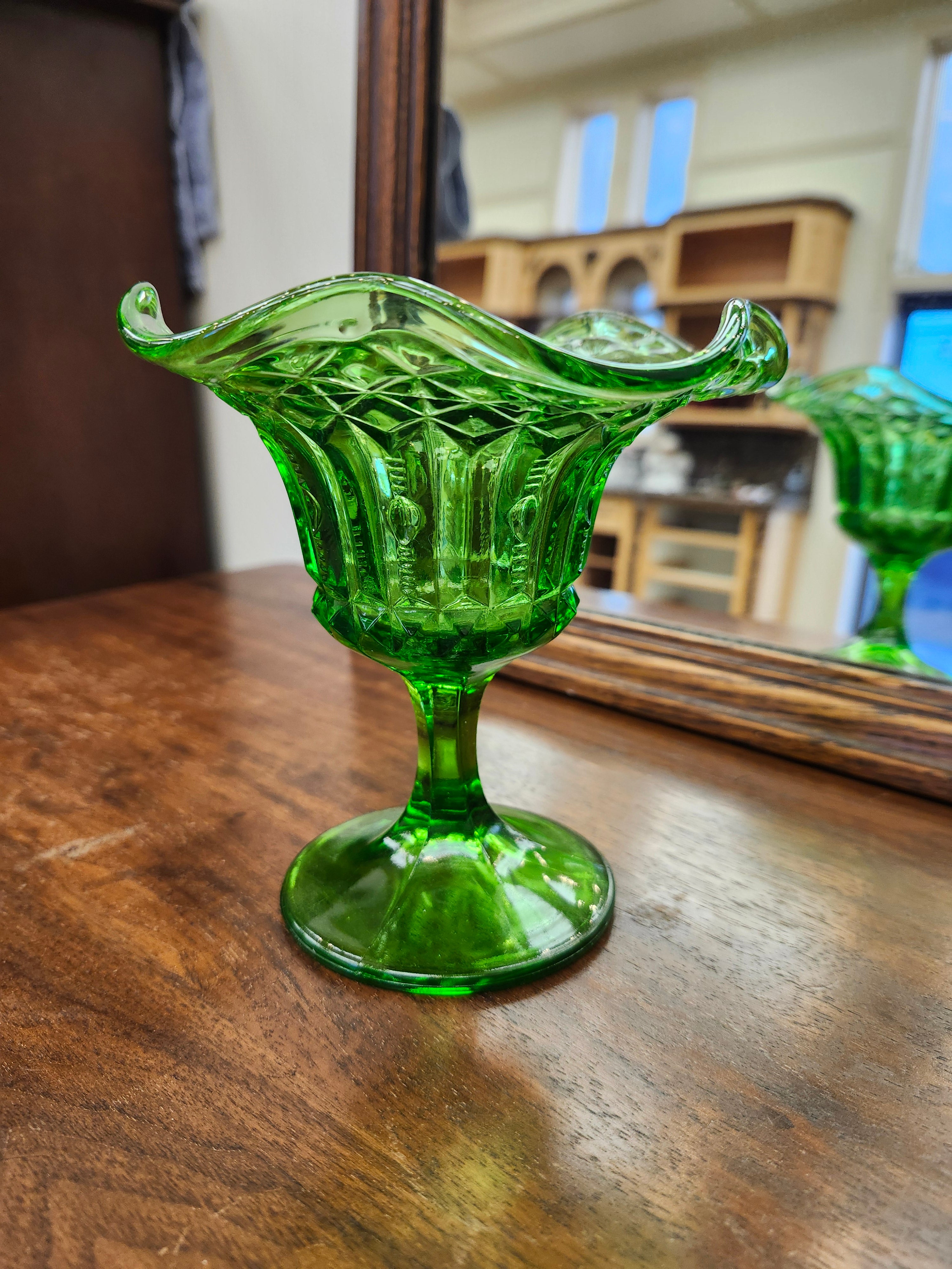 Green glass candy dish
