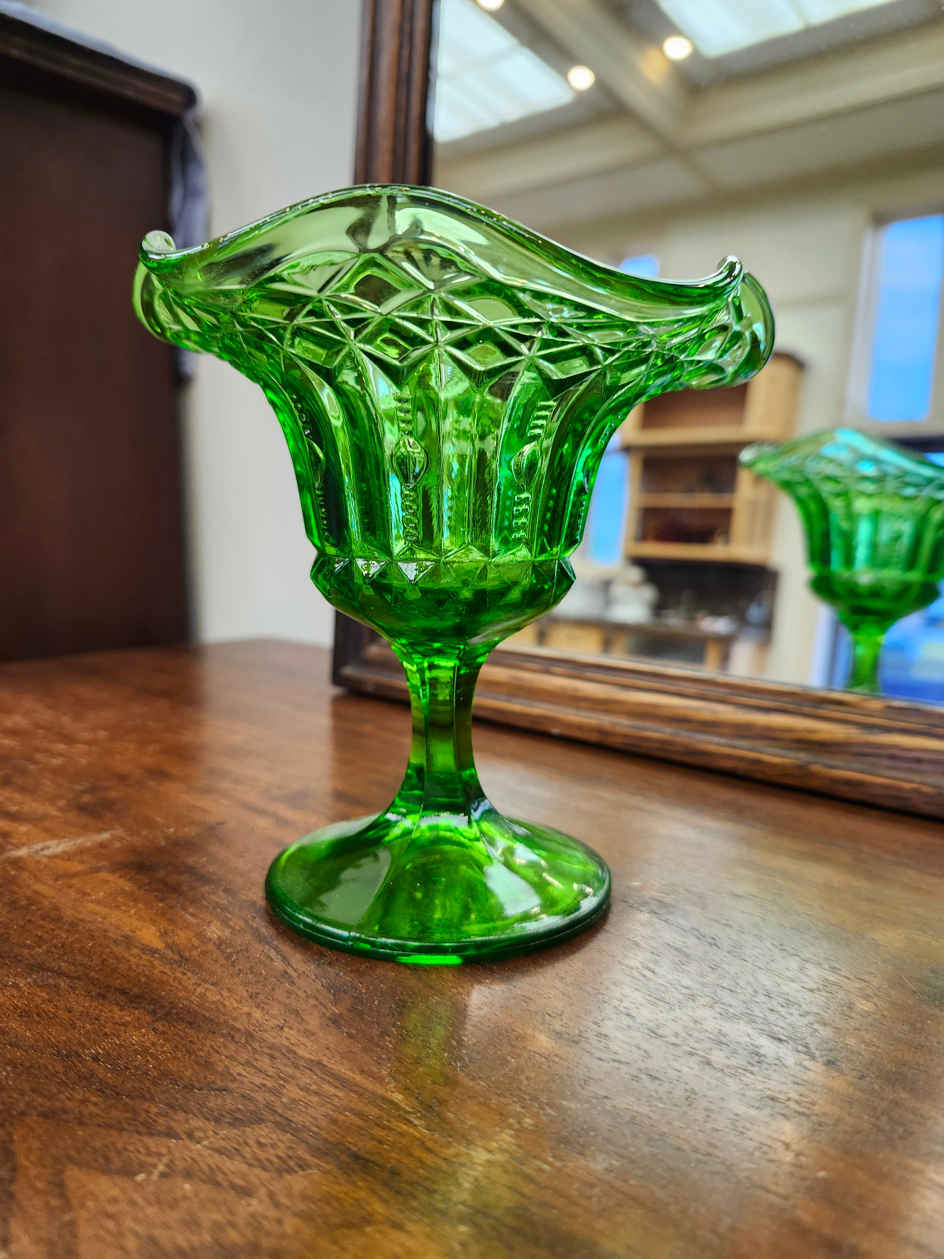 Green glass candy dish