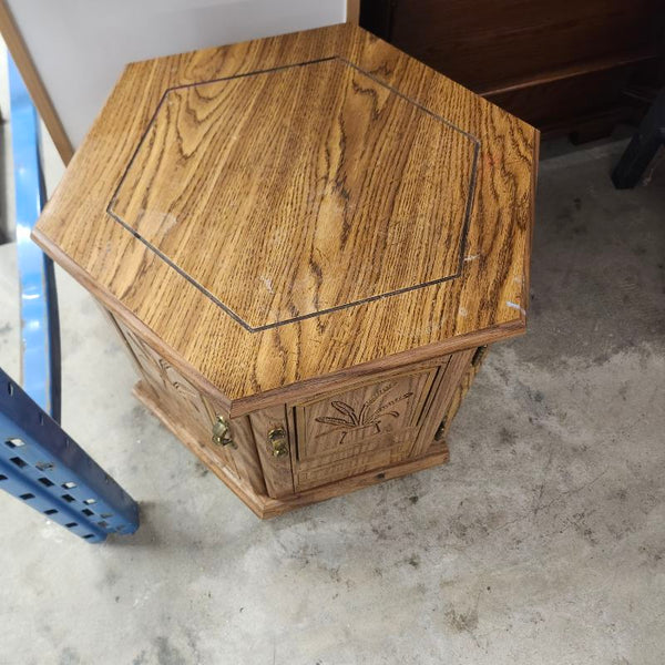 Hexagon End Table Cabinet Oak Wood Storage