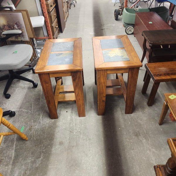 Pair of Slate Top End Tables Wood Frame