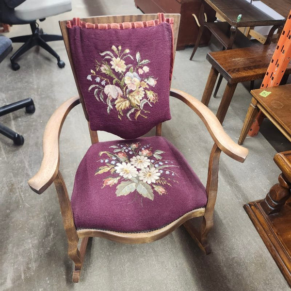Antique Rocking Chair Wood Tapestry Needlepoint