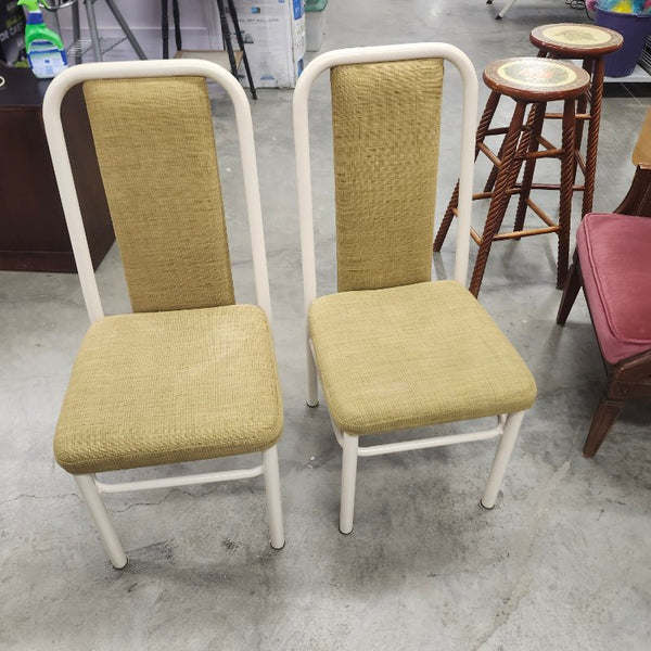 Pair of Dining Chairs White Frame Green Fabric