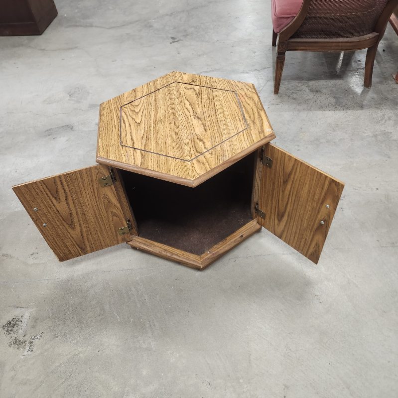 Hexagon End Table Cabinet Oak Wood Storage