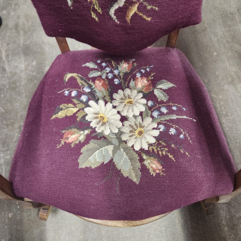 Antique Rocking Chair Wood Tapestry Needlepoint