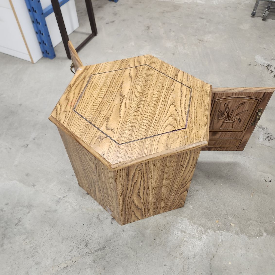 Hexagon End Table Cabinet Oak Wood Storage