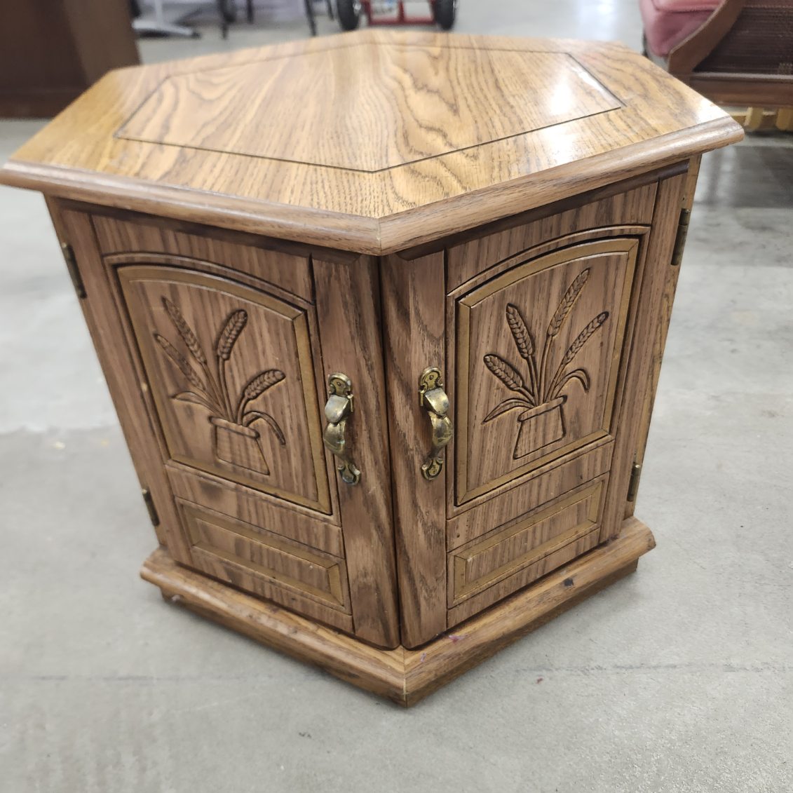 Hexagon End Table Cabinet Oak Wood Storage